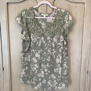 The Sage Green Floral Blouse with Lace Detail